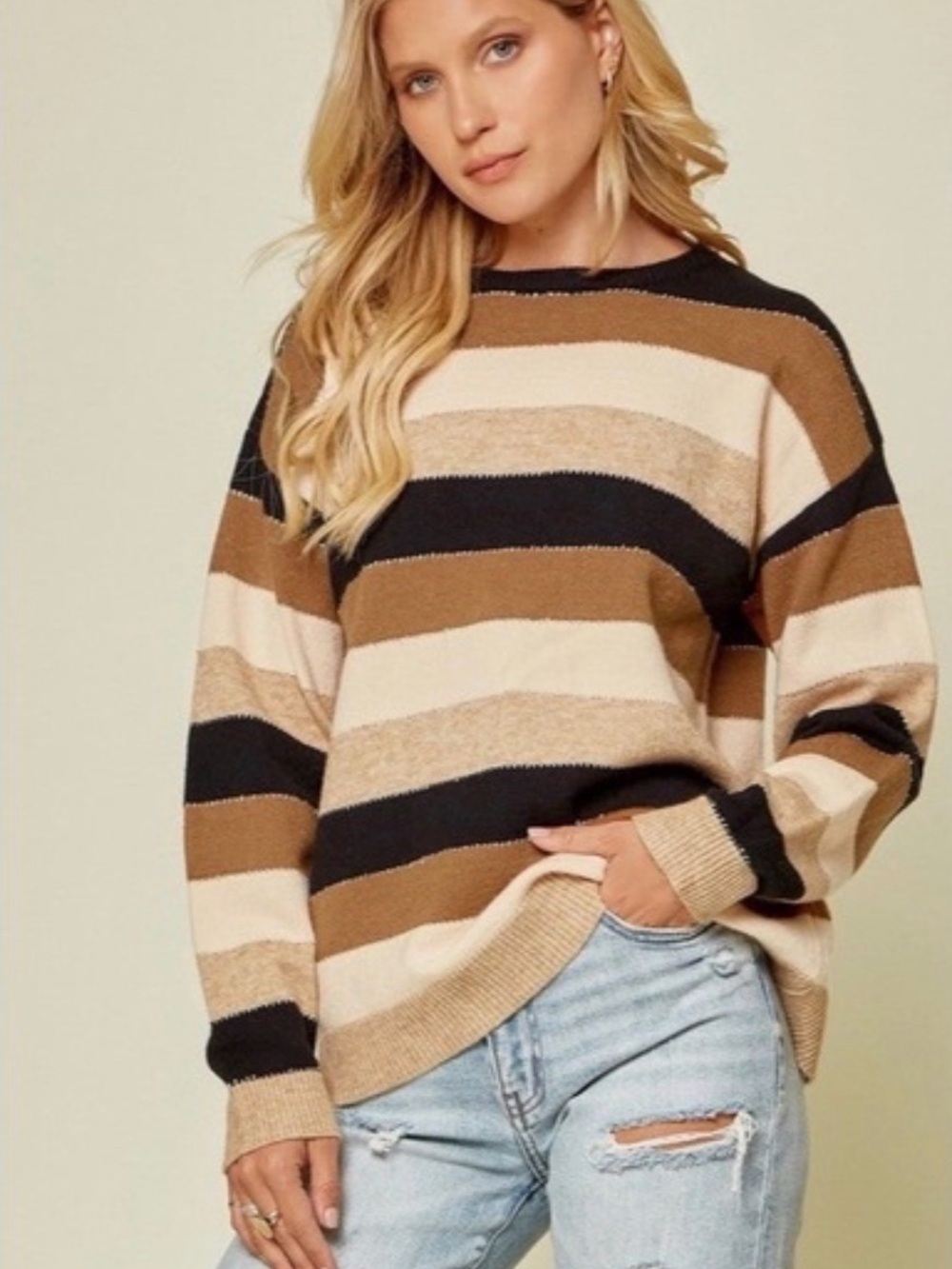 ANDREE BY UNIT Striped Crew Sweater in Black, Brown & Cream